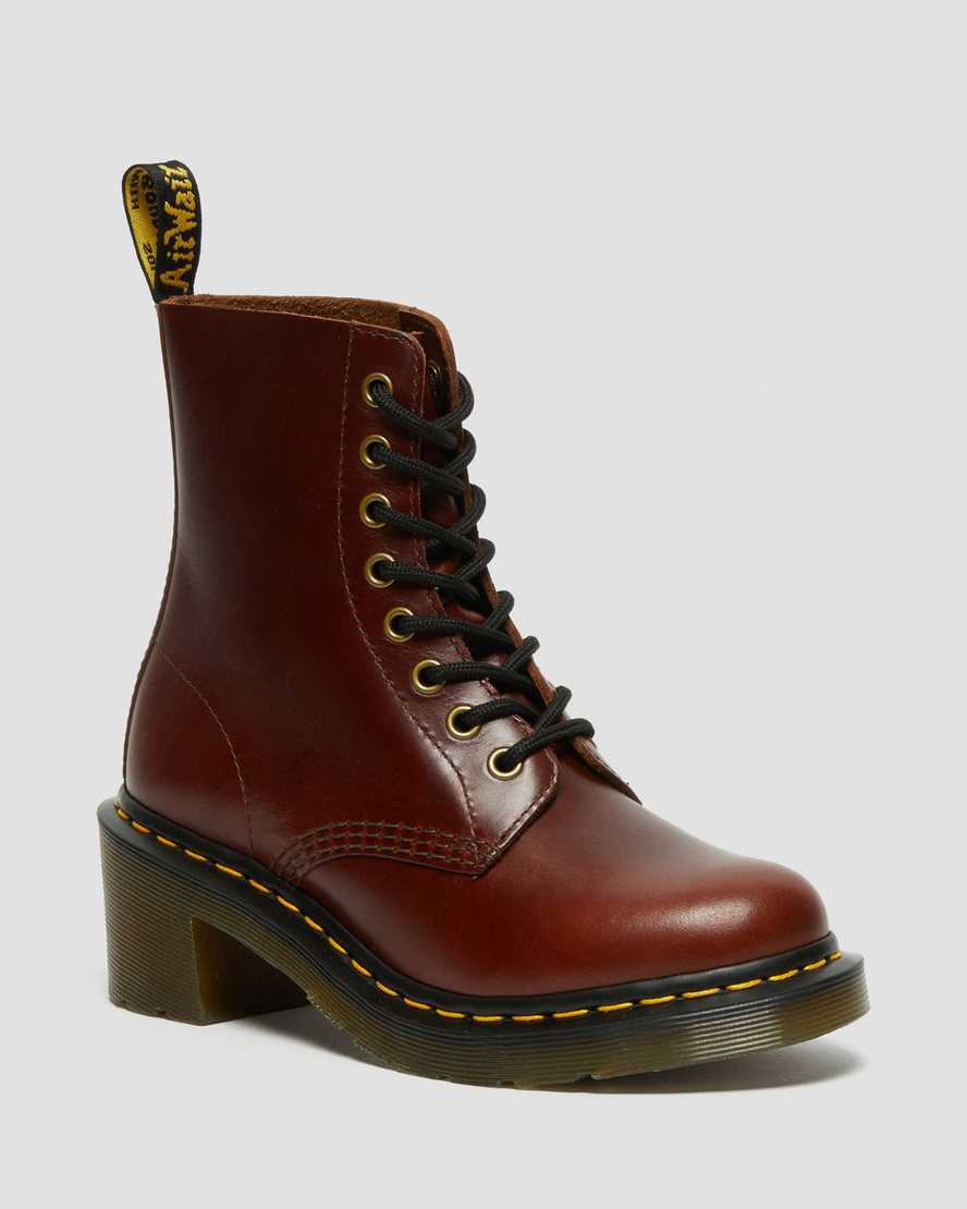 brune dr martens clemency heeled damestøvler med snørebånd
