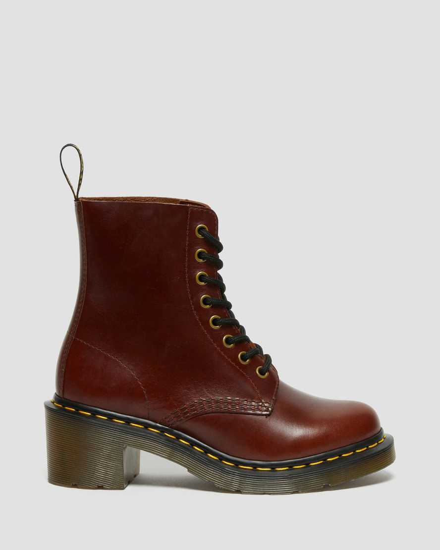 brune dr martens clemency heeled damestøvler med snørebånd
