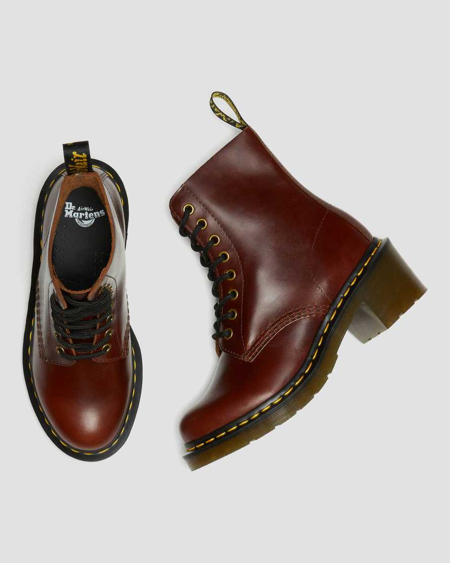 brune dr martens clemency heeled damestøvler med snørebånd