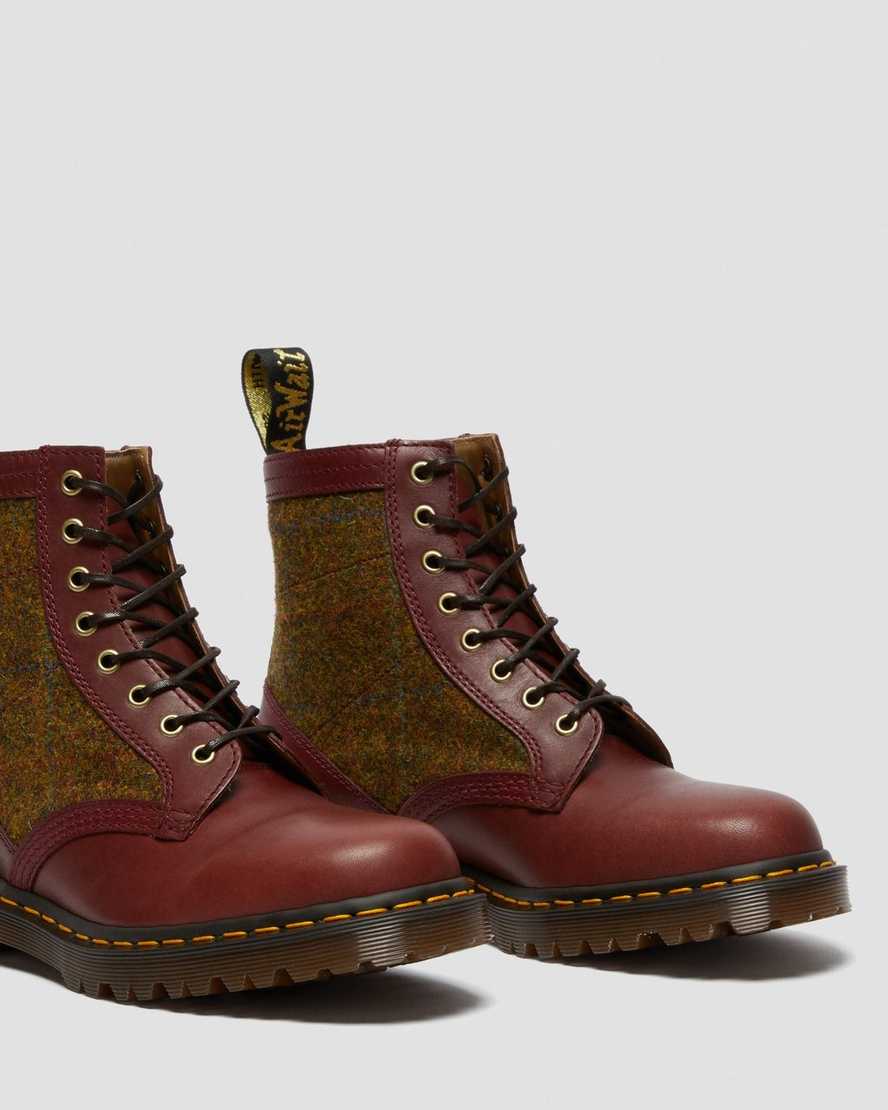 dr. martens 1460 harris tweed damestøvler med snørebånd i bordeaux