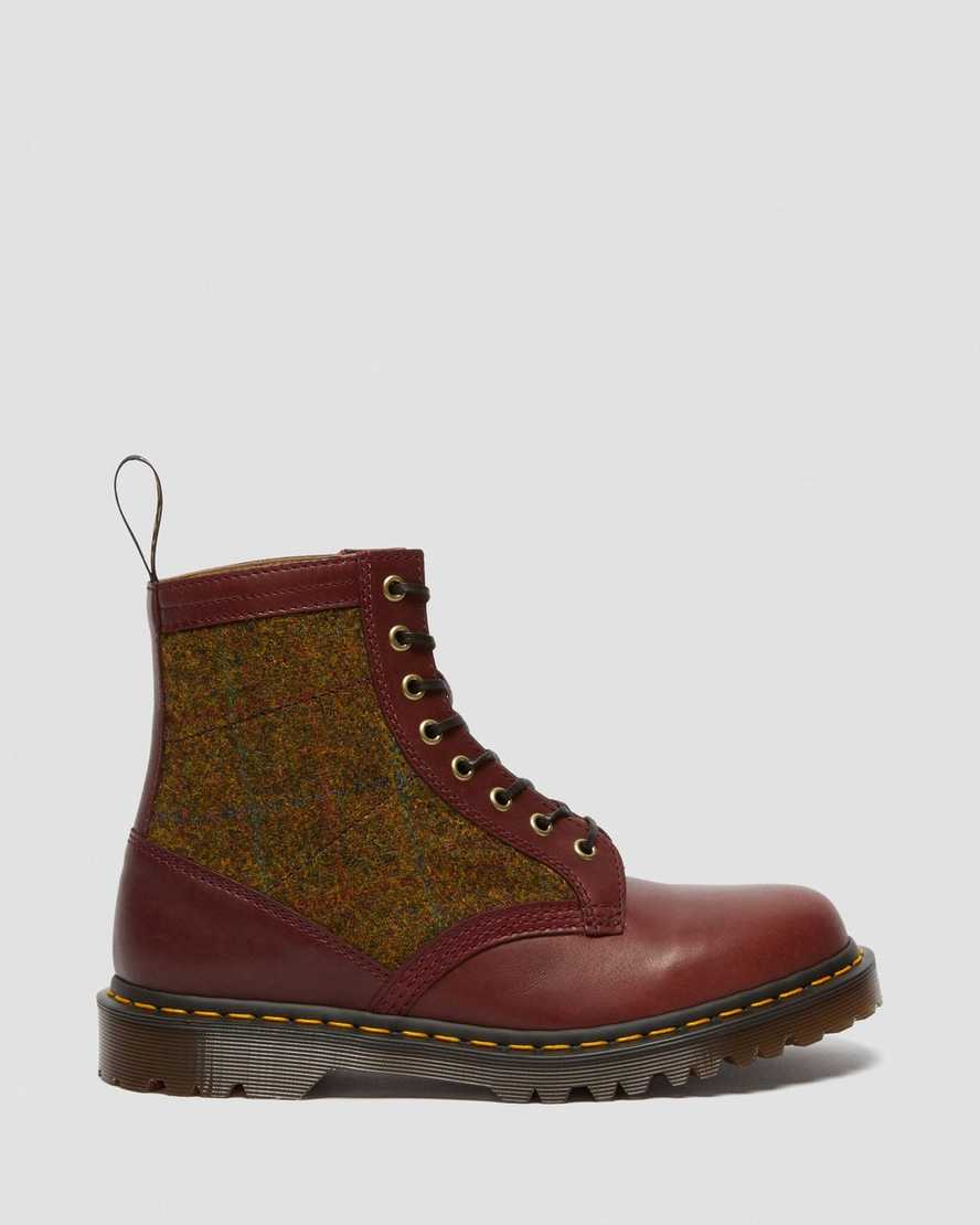 dr. martens 1460 harris tweed damestøvler med snørebånd i bordeaux