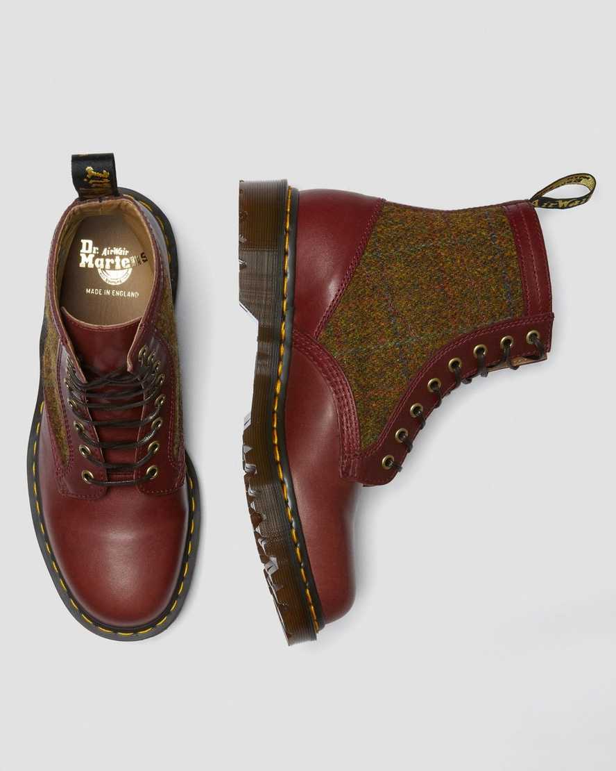 dr. martens 1460 harris tweed damestøvler med snørebånd i bordeaux