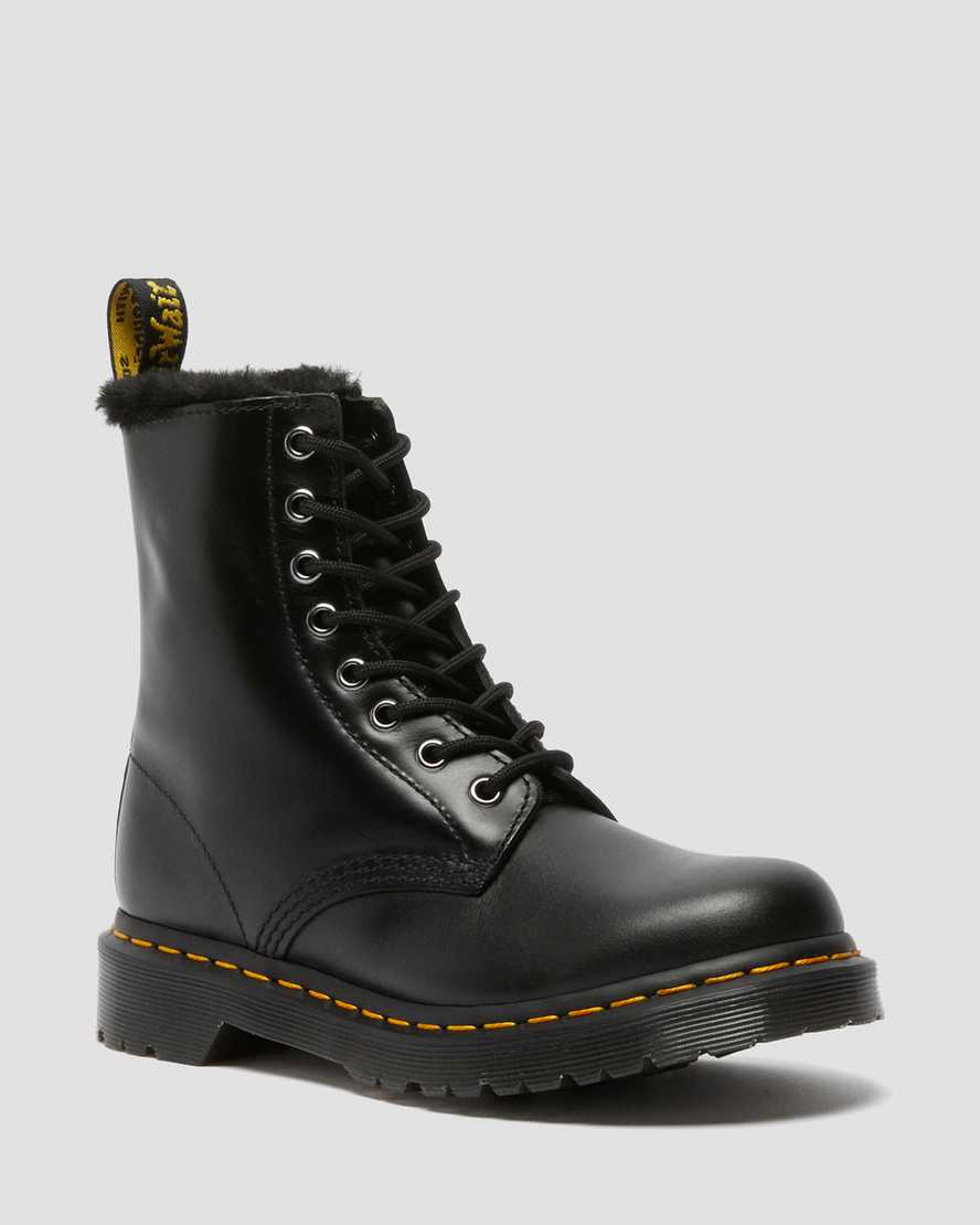 sorte dr martens 1460 serena faux fur lined damestøvler med snørebånd