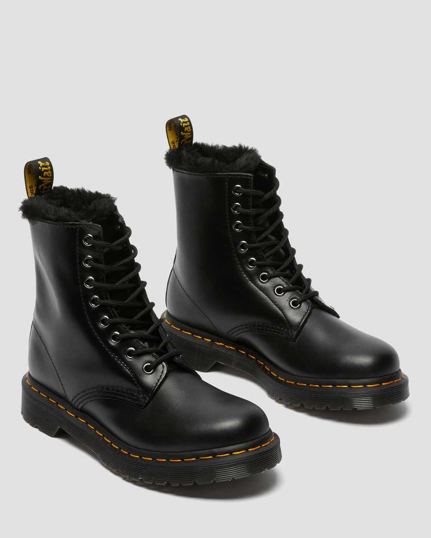 sorte dr martens 1460 serena faux fur lined damestøvler med snørebånd
