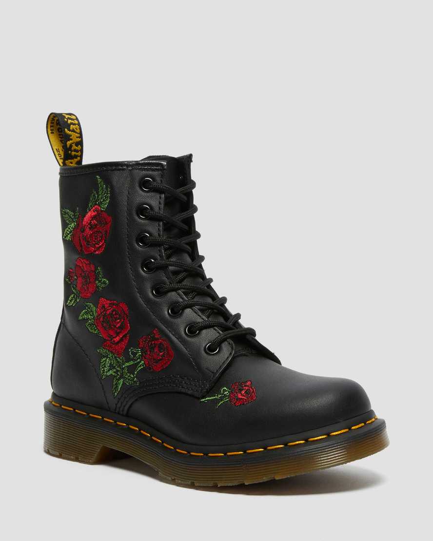 sorte dr martens 1460 vonda floral damestøvler med snørebånd