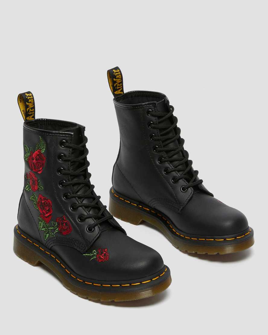 sorte dr martens 1460 vonda floral damestøvler med snørebånd