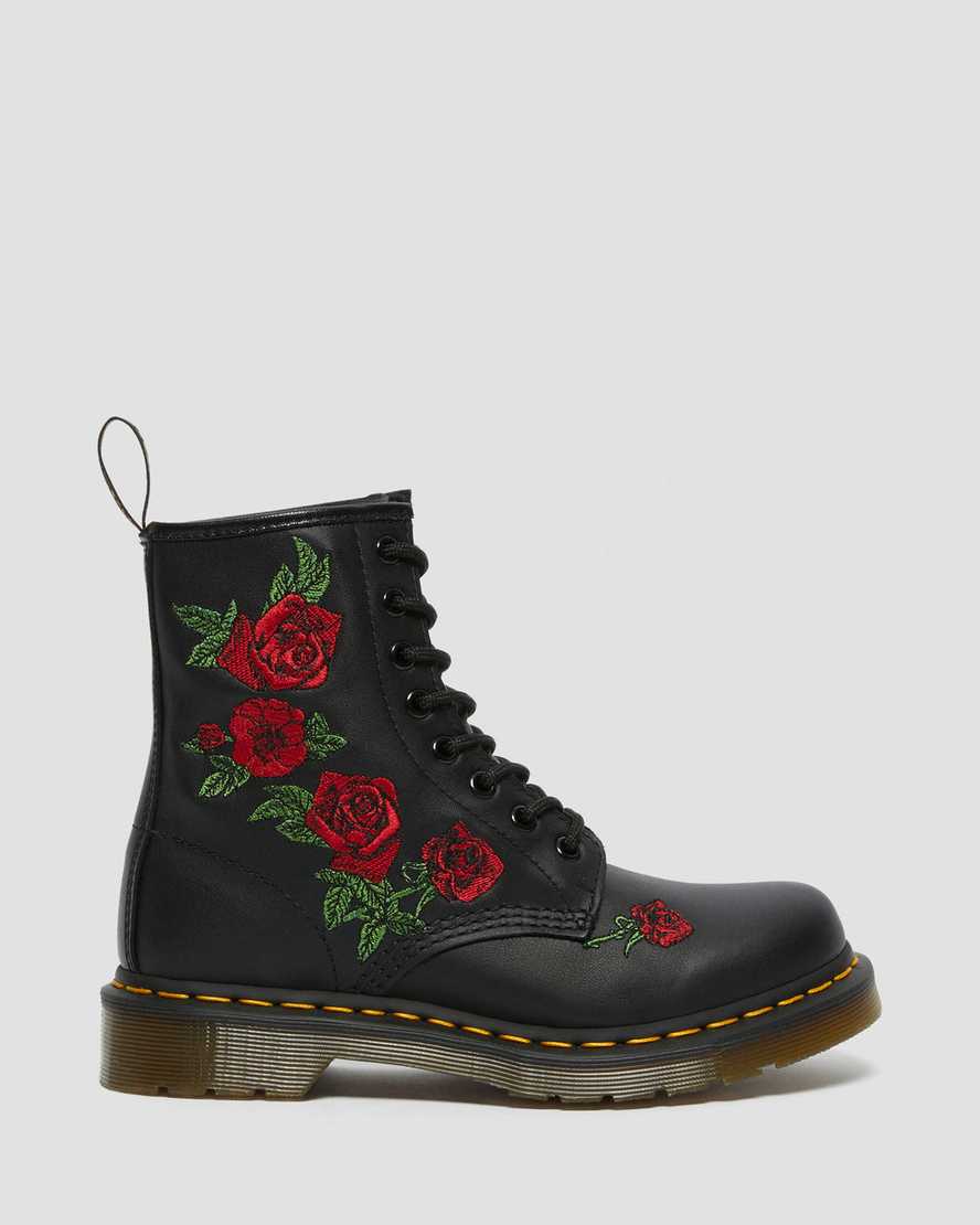 sorte dr martens 1460 vonda floral damestøvler med snørebånd