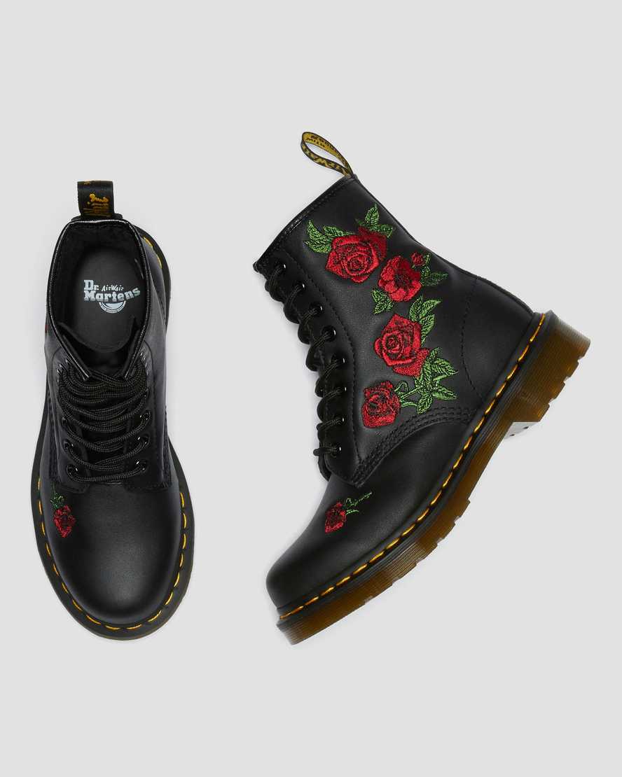 sorte dr martens 1460 vonda floral damestøvler med snørebånd