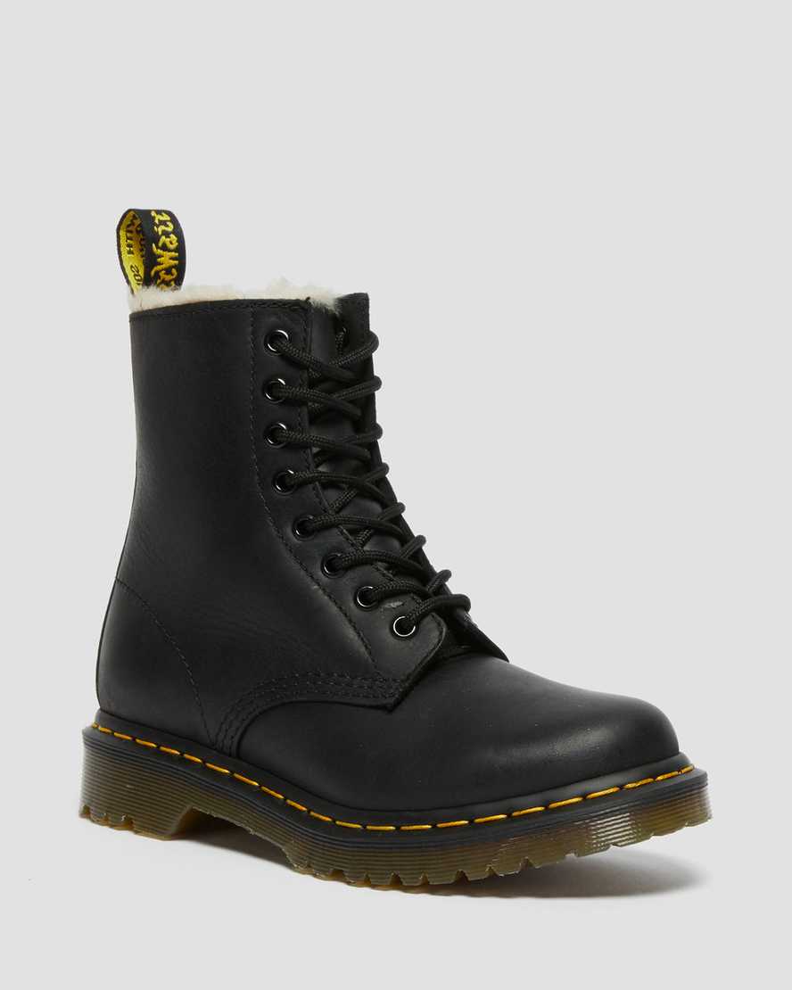 sorte dr martens 1460 faux fur lined damestøvler med snørebånd