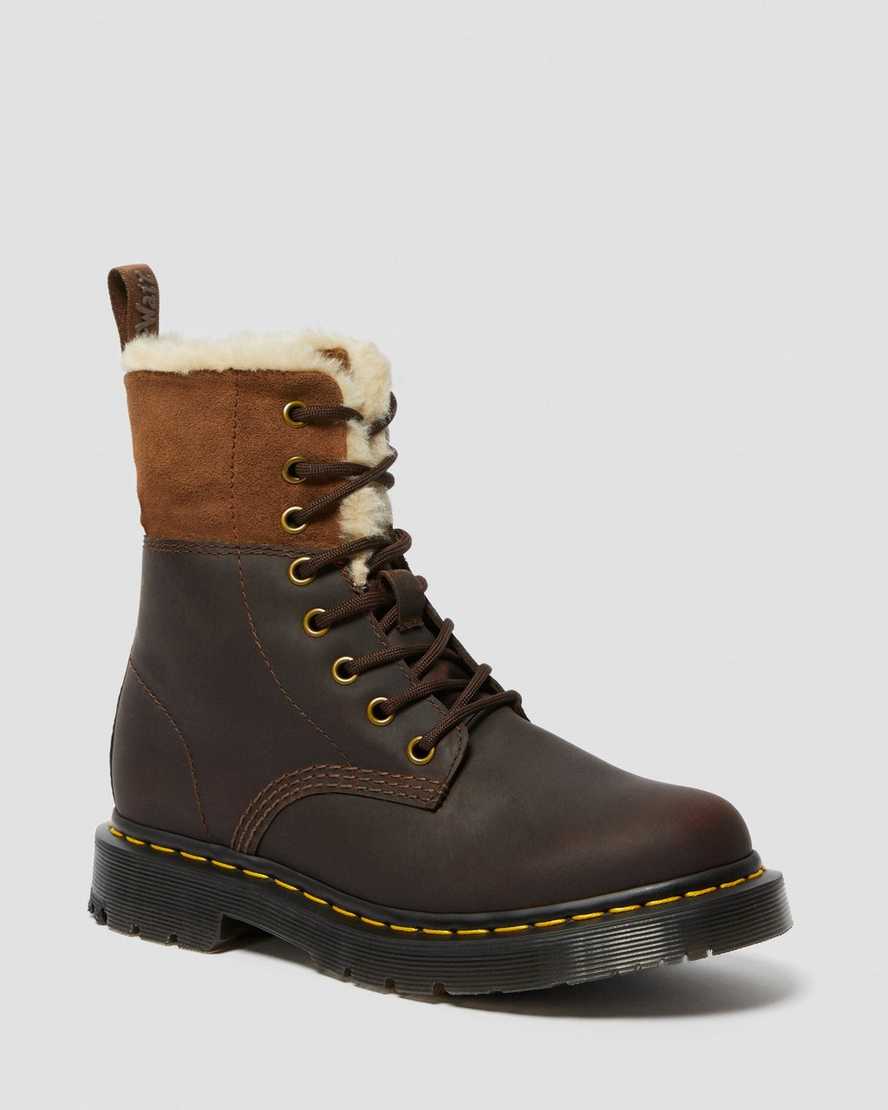mørkebrune dr martens 1460 dms wintergrip faux fur damestøvler med for