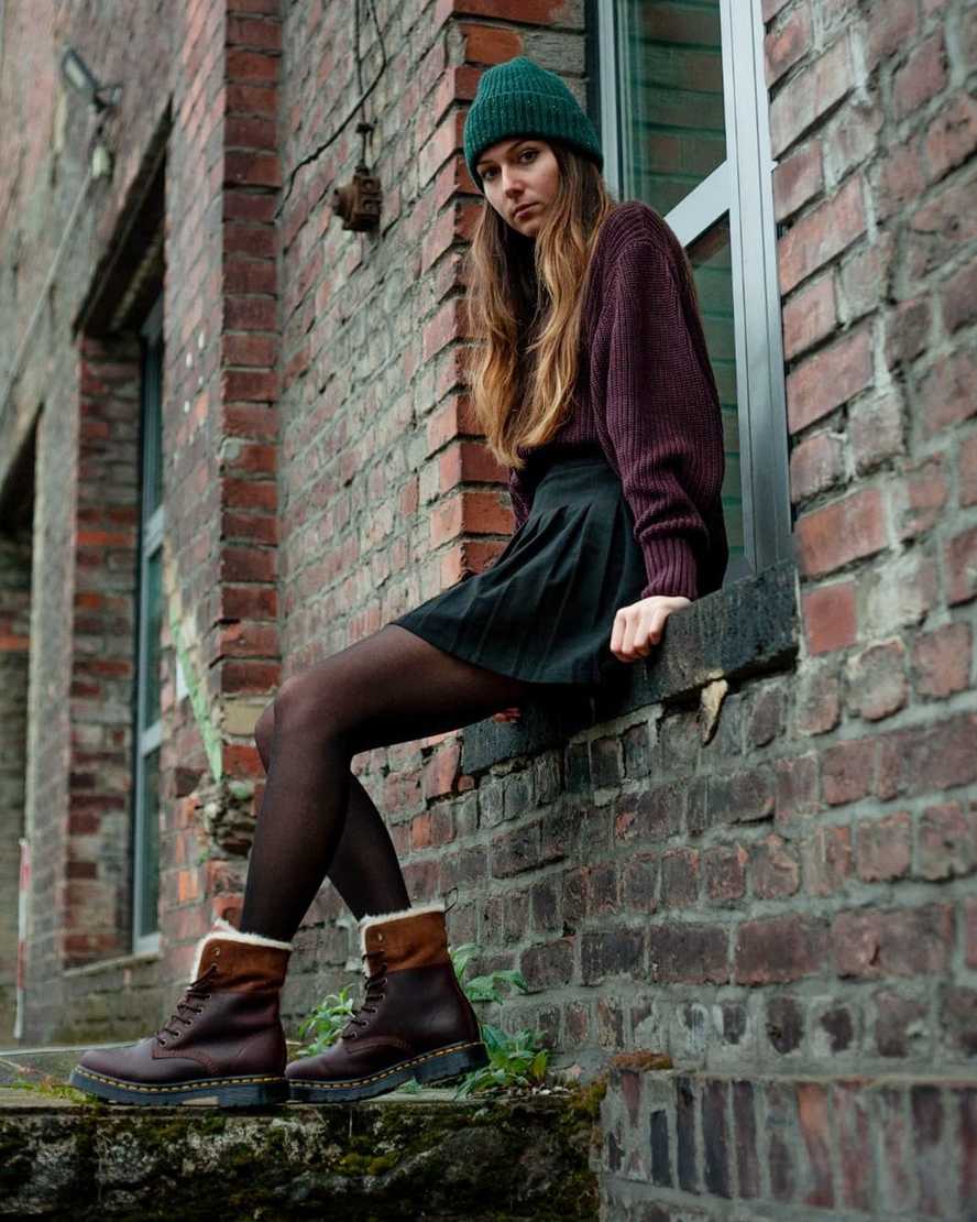 mørkebrune dr martens 1460 dms wintergrip faux fur damestøvler med for