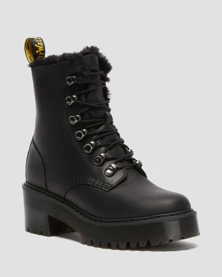 sorte dr martens leona faux fur platformstøvler til dame