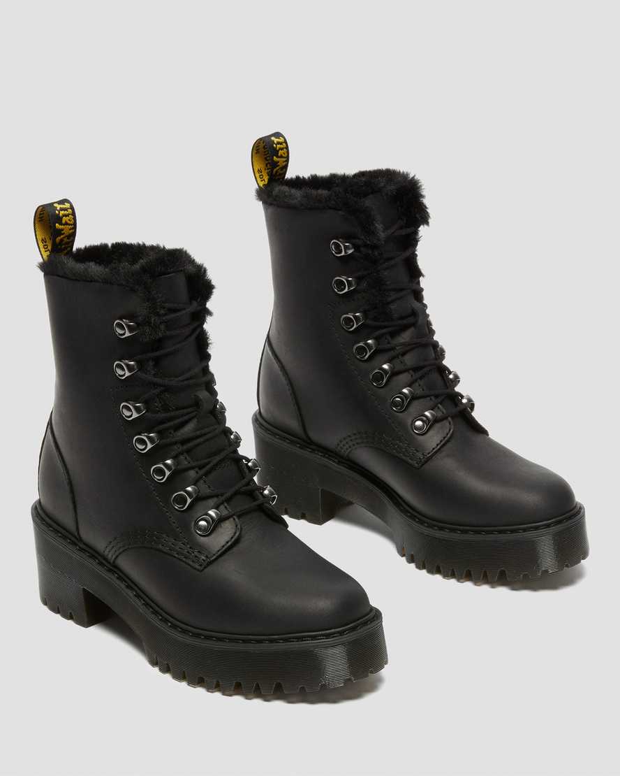 sorte dr martens leona faux fur platformstøvler til dame
