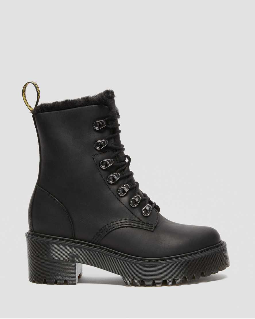 sorte dr martens leona faux fur platformstøvler til dame
