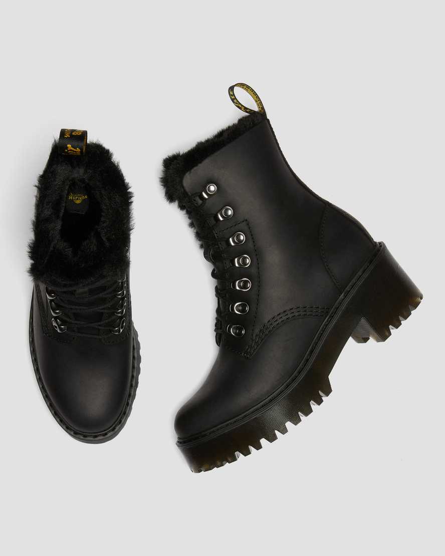 sorte dr martens leona faux fur platformstøvler til dame