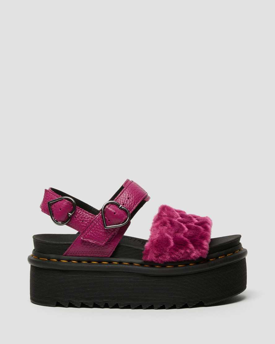 dr. martens voss fluffy faux fur platform sandaler til kvinder i lyserød